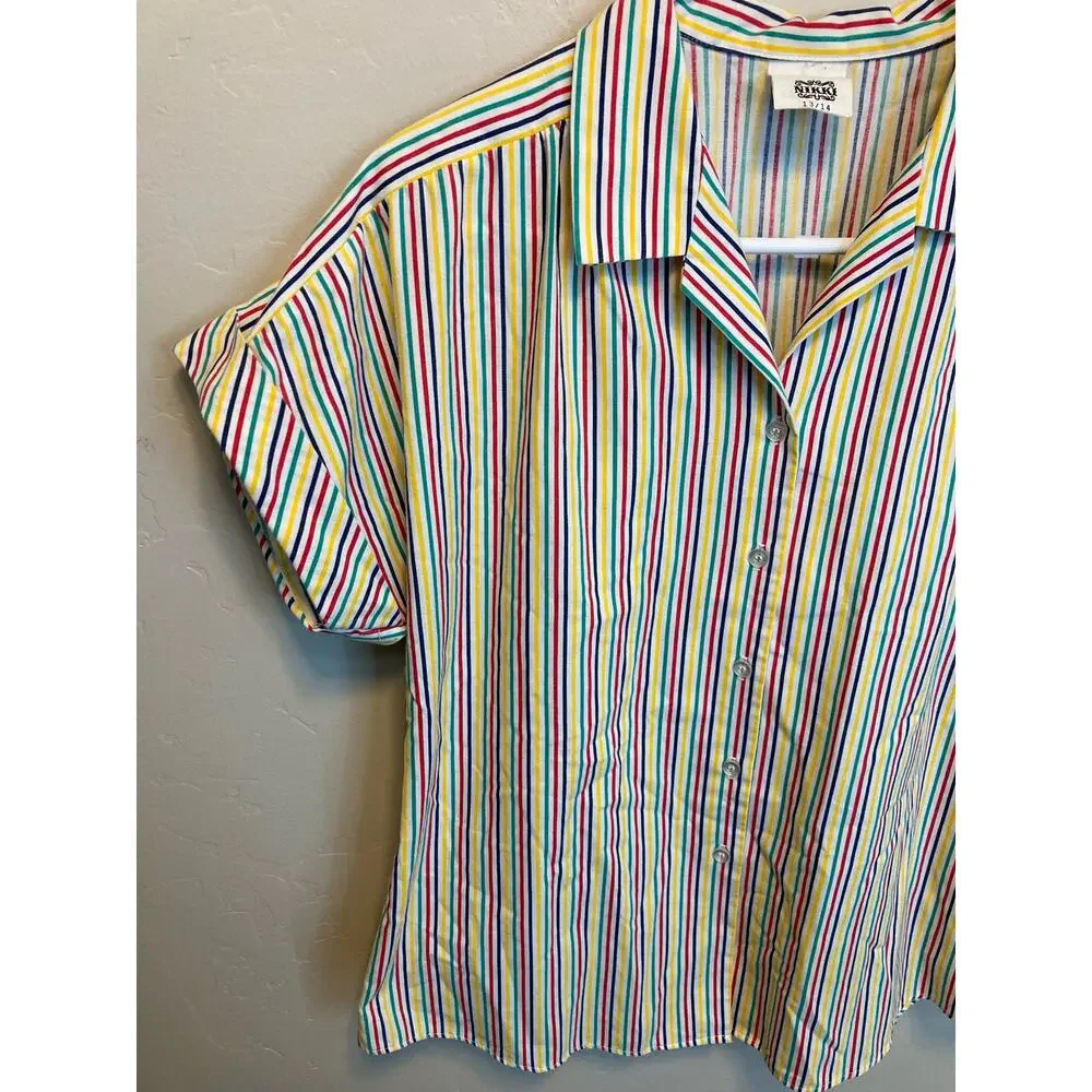 70's Vintage Nikki Rainbow Striped Short Sleeve Button Up Blouse Size 13/14 - Picture 7 of 12